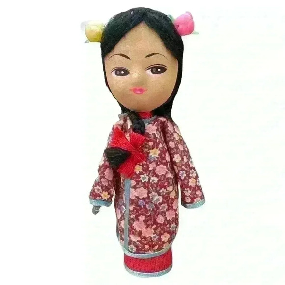 VTG Mid Century Handmade Painted Chinese Peg Doll with Red Floral Robe - Picture 1 of 8